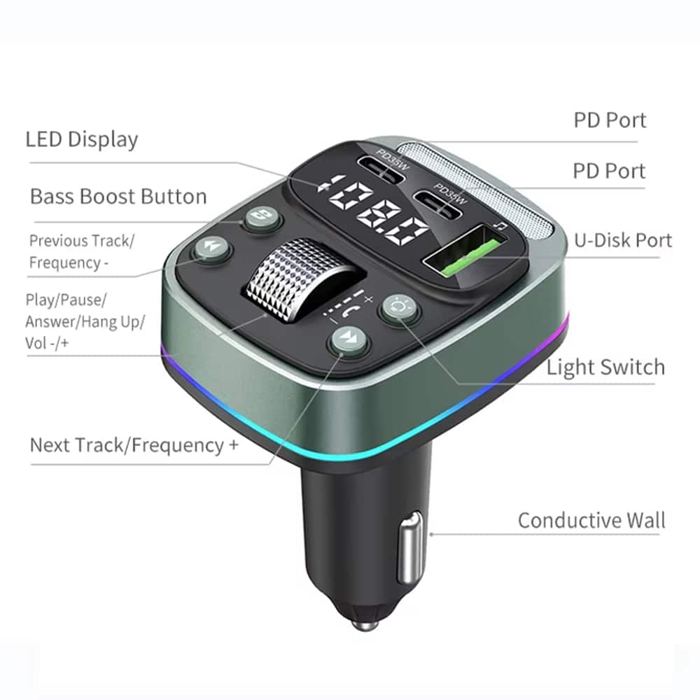 Techsuit - Fm Modulator Echodrive (mfm3) - Διπλή Pd35w, Bluetooth V5.4, U-Disk Για Μουσική, Ρύθμιση Μπάσου - Μαύρο - Image 5