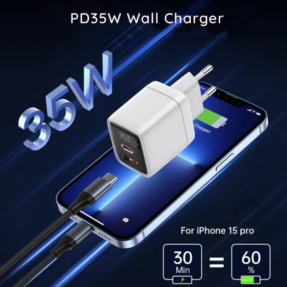 Techsuit - Φορτιστής Τοίχου Ledchargx (ch3) - Type-C, USB, Τεχνολογία Gan, Γρήγορη Φόρτιση, Οθόνη Led, Pd35w - Μαύρος - Image 2