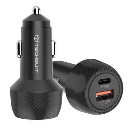 Techsuit - Φορτιστής Αυτοκινήτου Carbonvolt (c7) - Γρήγορη Φόρτιση 48w, USB, Type-C, Qc3.0 18w, Pd30w - Μαύρος