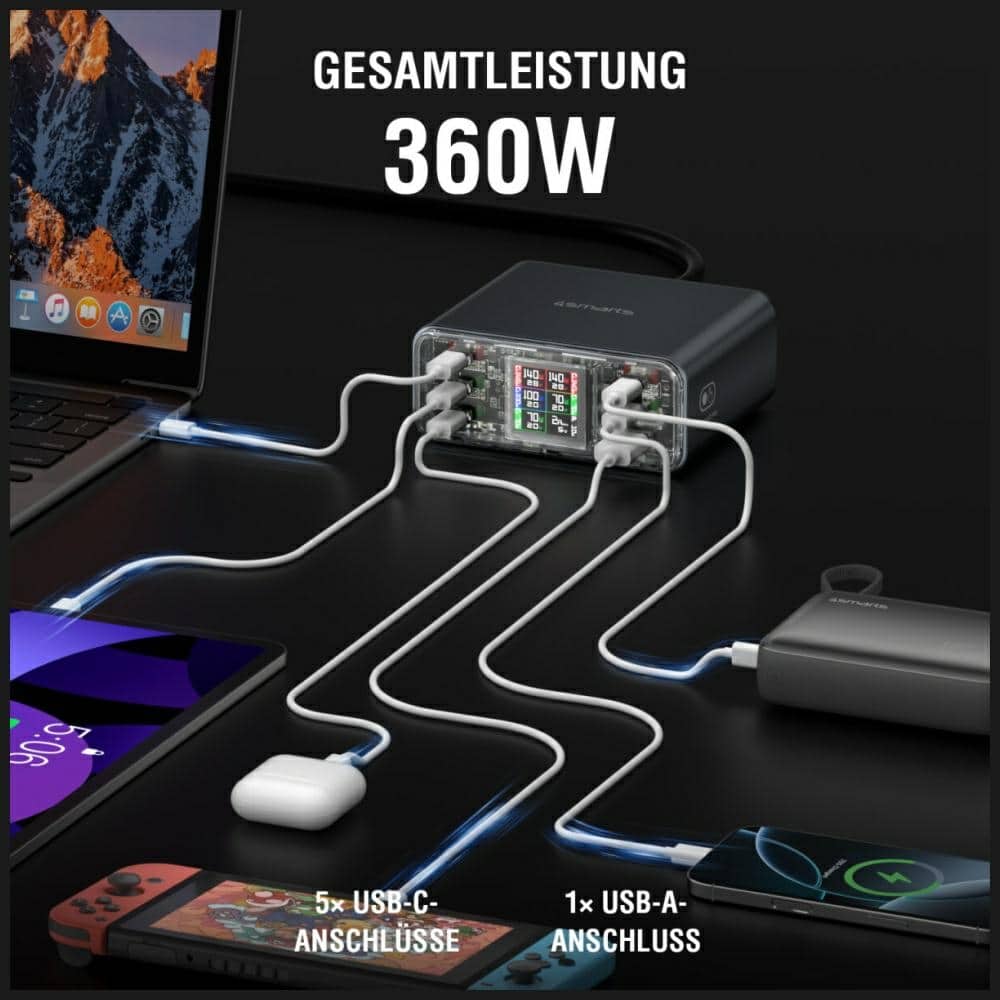 Φορτιστής 4smarts Lucid Gan Diy 360w Με 5x USB-C Και 1x USB-A - Γκρι - Image 4