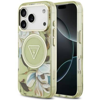 Guess Glitter Flowers Triangle Magsafe - θήκη για Apple iPhone 17 Pro Max - Πράσινο