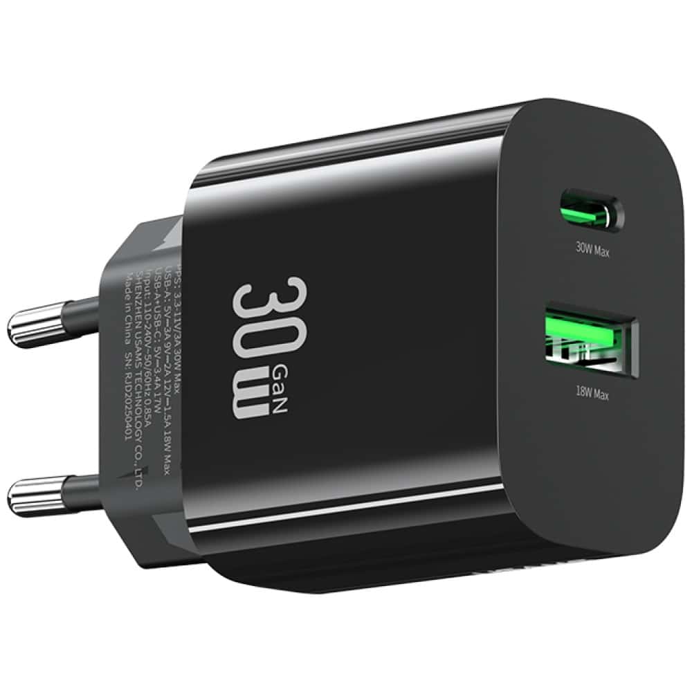 Φορτιστής Τοίχου Usams Cc316 T65 30w Με 1xusb-C Και 1xusb-A Γρήγορης Φόρτισης Μαύρος - Image 3