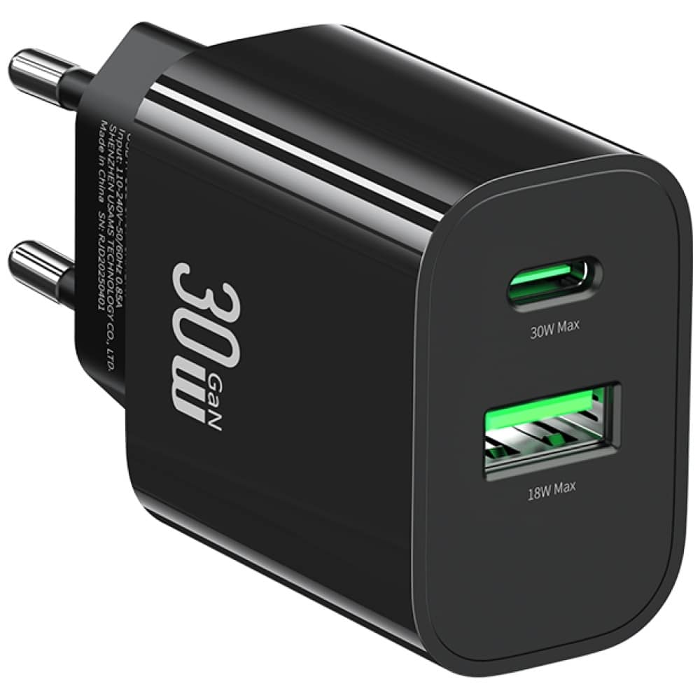 Φορτιστής Τοίχου Usams Cc316 T65 30w Με 1xusb-C Και 1xusb-A Γρήγορης Φόρτισης Μαύρος - Image 4