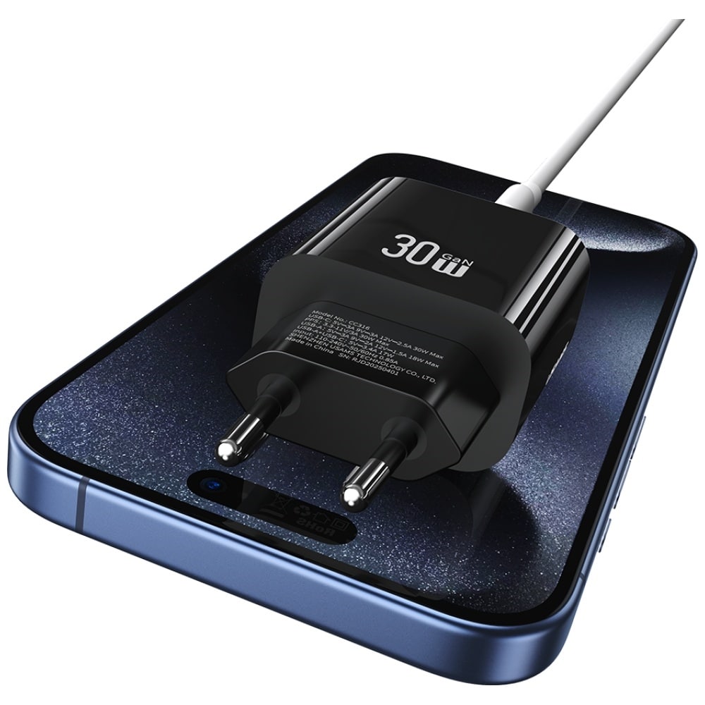 Φορτιστής Τοίχου Usams Cc316 T65 30w Με 1xusb-C Και 1xusb-A Γρήγορης Φόρτισης Μαύρος - Image 5