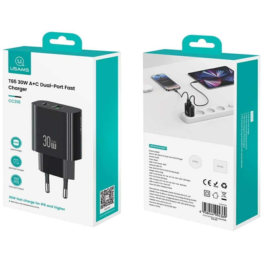 Φορτιστής Τοίχου Usams Cc316 T65 30w Με 1xusb-C Και 1xusb-A Γρήγορης Φόρτισης Μαύρος - Image 8