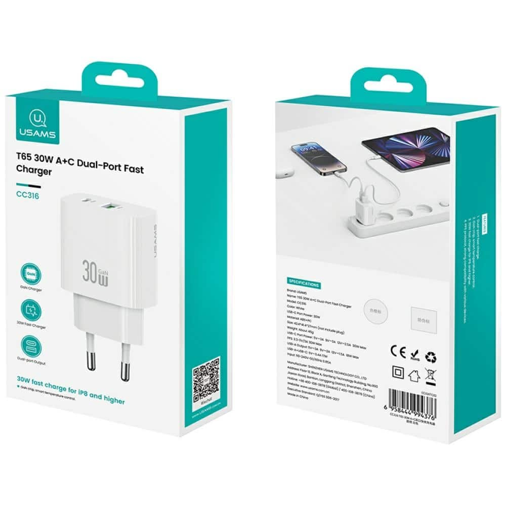 Φορτιστής Τοίχου Usams Cc316 T65 30w 1xusb-C 1xusb-A Γρήγορης Φόρτισης Λευκός - Image 2