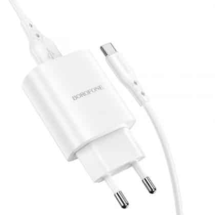 Wall Charger Borofone Bn1, 10w, 2.1a, 1 X USB-A, With USB-C Καλώδιο, White