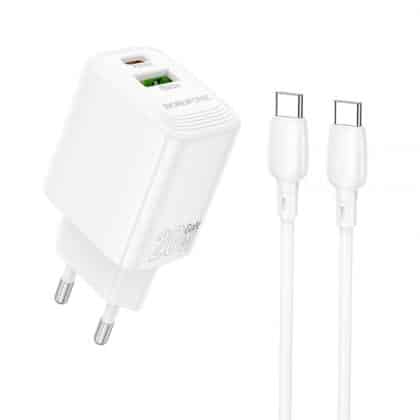 Wall Charger Borofone Bn27 Fuente, 20w, 3a, 1 X USB-A - 1 X USB-C, With USB-C Καλώδιο, White