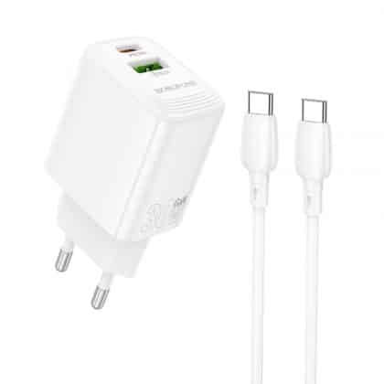 Wall Charger Borofone Bn29 Fuente, 30w, 3a, 1 X USB-A - 1 X USB-C, With USB-C Καλώδιο, White