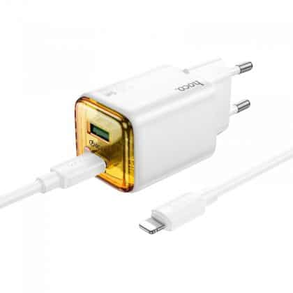 Wall Charger Hoco N52, 20w, 3a, 1 X USB-A - 1 X USB-C, With Lightning Καλώδιο, White