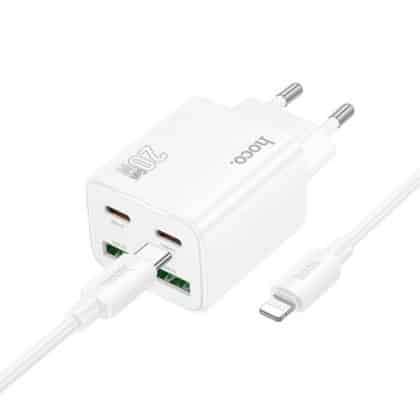 Wall Charger Hoco N55, 20w, 3a, 2 X USB-A - 2 X USB-C, With Lightning Καλώδιο, White