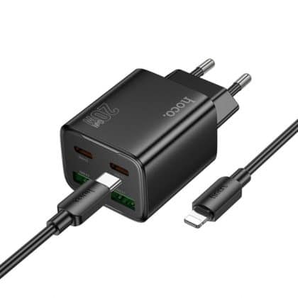 Wall Charger Hoco N55, 20w, 3a, 2 X USB-A - 2 X USB-C, With Lightning Καλώδιο, Black