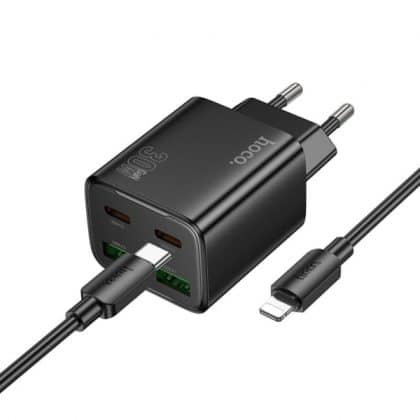 Wall Charger Hoco N56, 30w, 3a, 2 X USB-A - 2 X USB-C, With Lightning Καλώδιο, Black