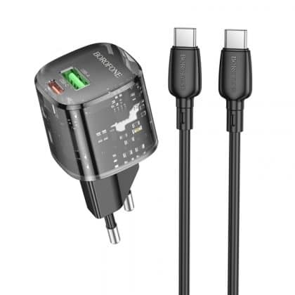 Wall Charger Borofone Bn17 Sunlight, 20w, 3a, 1 X USB-A - 1 X USB-C, With USB-C Καλώδιο, Black