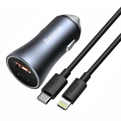 Baseus Golden Contactor Pro car charger, USB + USB-C, QC4.0+, PD, SCP, 40W (dark gray) with Καλώδιο Type-C to iP 1m Black