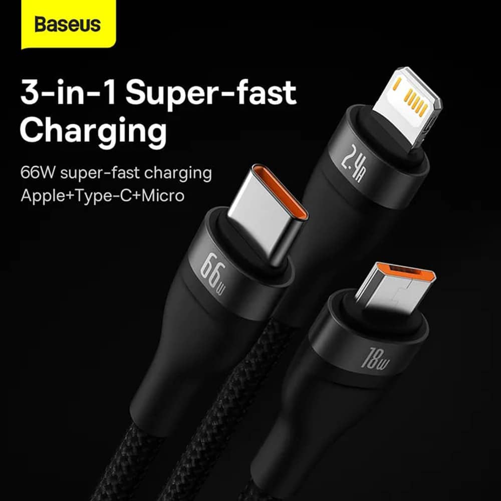 Baseus Flash Series Ⅱ 3in1 Fast Charging Καλώδιο USB-A to USB-C / Micro-USB / Lightning 66W 480Mbps 1.2m Black - Image 2