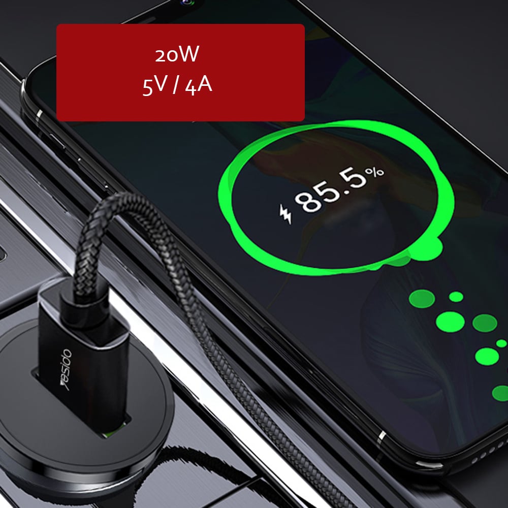 Yesido - Car Charger (y38) - Usb, Qc3.0, Fcp, Afc, 18w, 3a - Black - Image 3