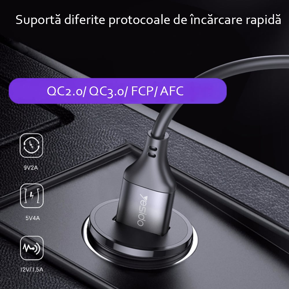 Yesido - Car Charger (y38) - Usb, Qc3.0, Fcp, Afc, 18w, 3a - Black - Image 5
