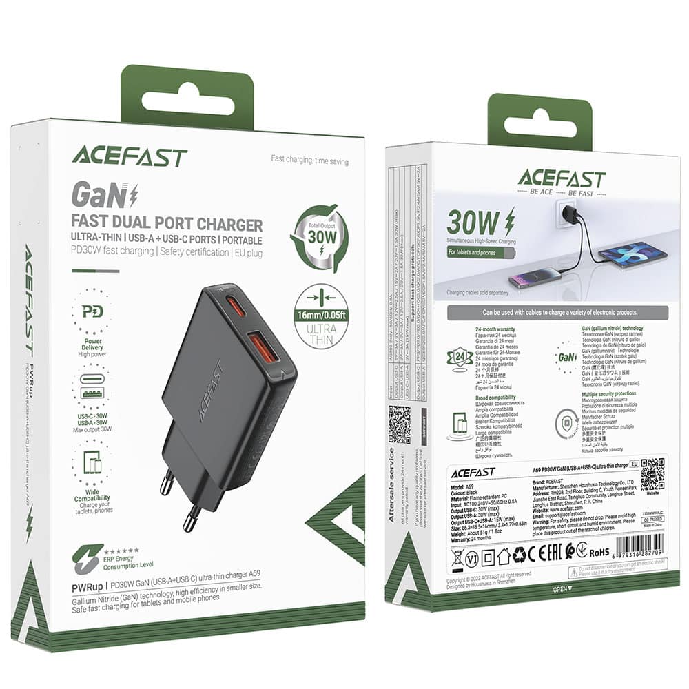 Acefast - Wall Charger (a69) - Type-C, Usb, Pd30w, Gan Technology, Quick Charge Compatibility - Black - Image 7
