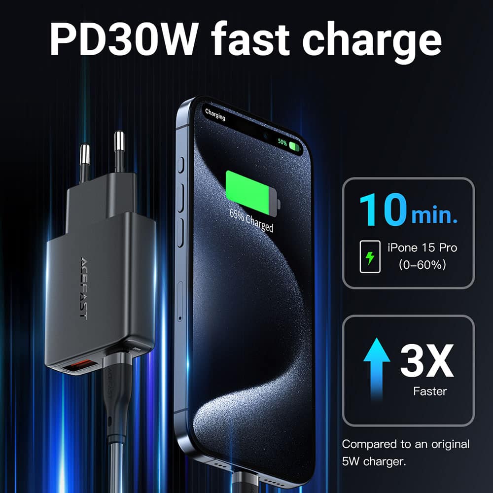 Acefast - Wall Charger (a69) - Type-C, Usb, Pd30w, Gan Technology, Quick Charge Compatibility - Black - Image 6
