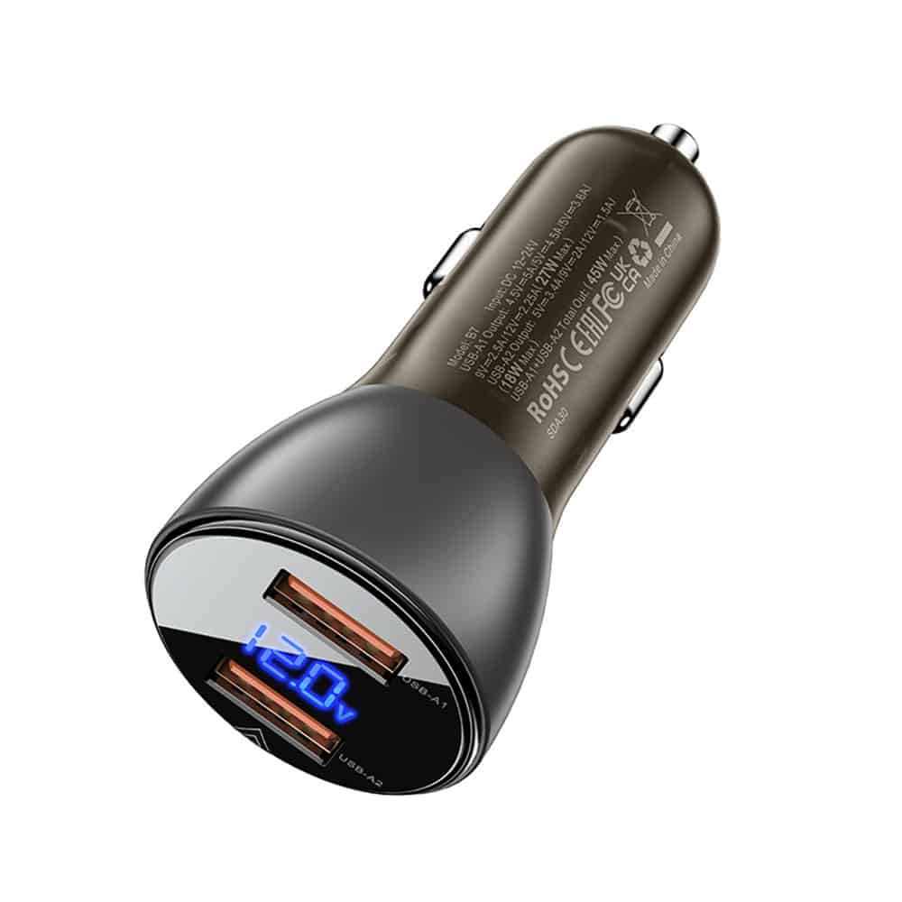 Acefast - Car Charger (b7) - 2x Usb, 45w, Dual Fast Charging, With Led Digital Display - Transparent Black - Image 2