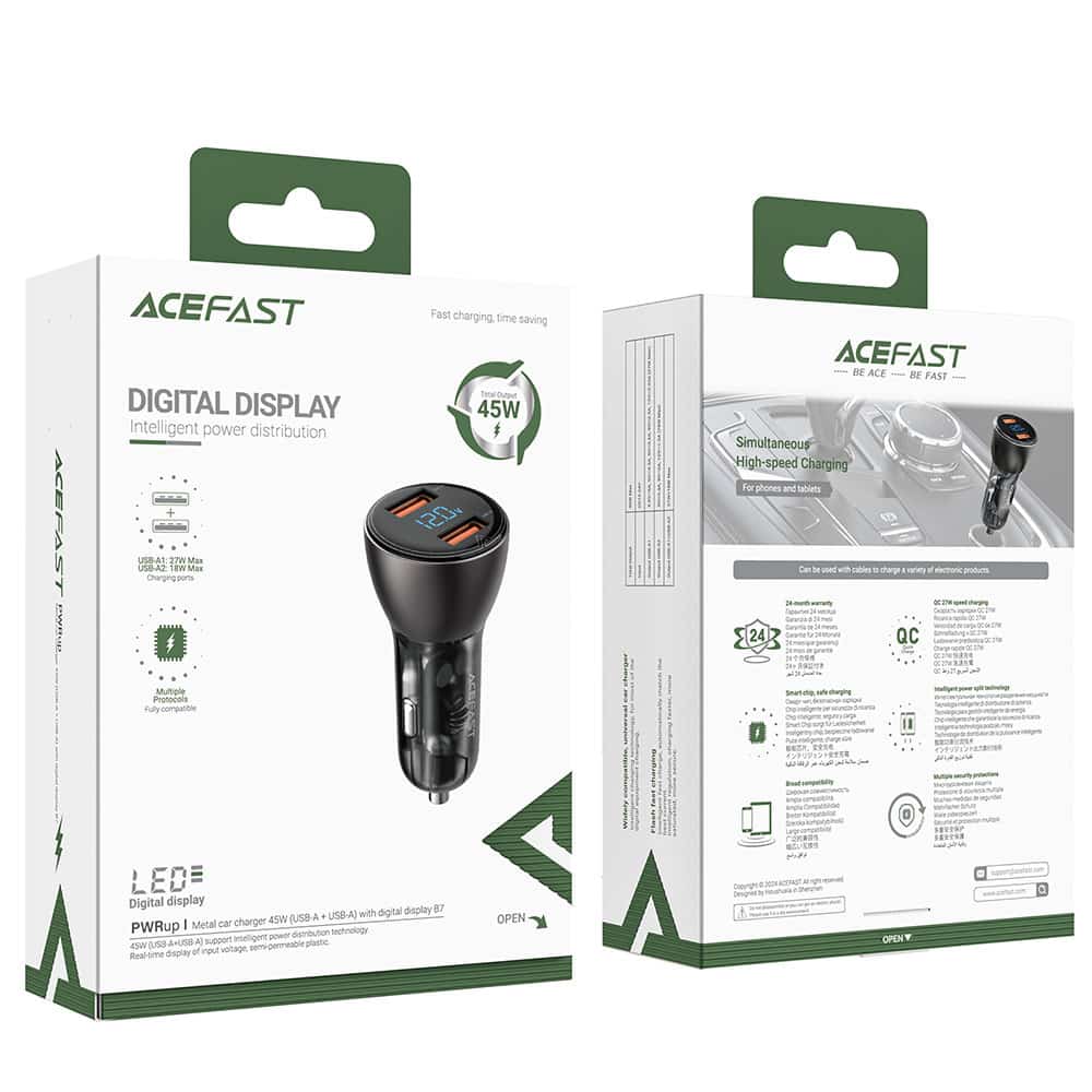 Acefast - Car Charger (b7) - 2x Usb, 45w, Dual Fast Charging, With Led Digital Display - Transparent Black - Image 7