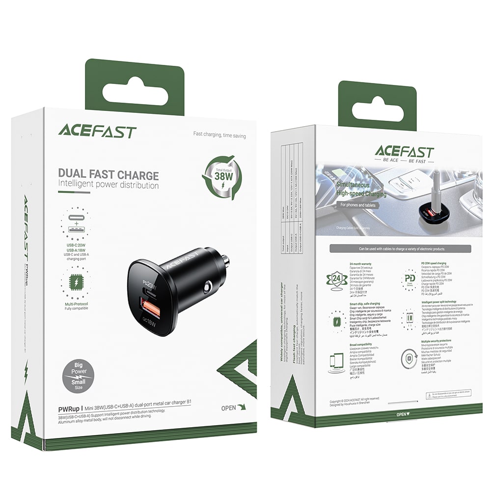Acefast - Car Charger (b1) - Type-C, Usb, Dual-Port, 38w, Pd Fast Charging, With Led Light - Black - Image 7