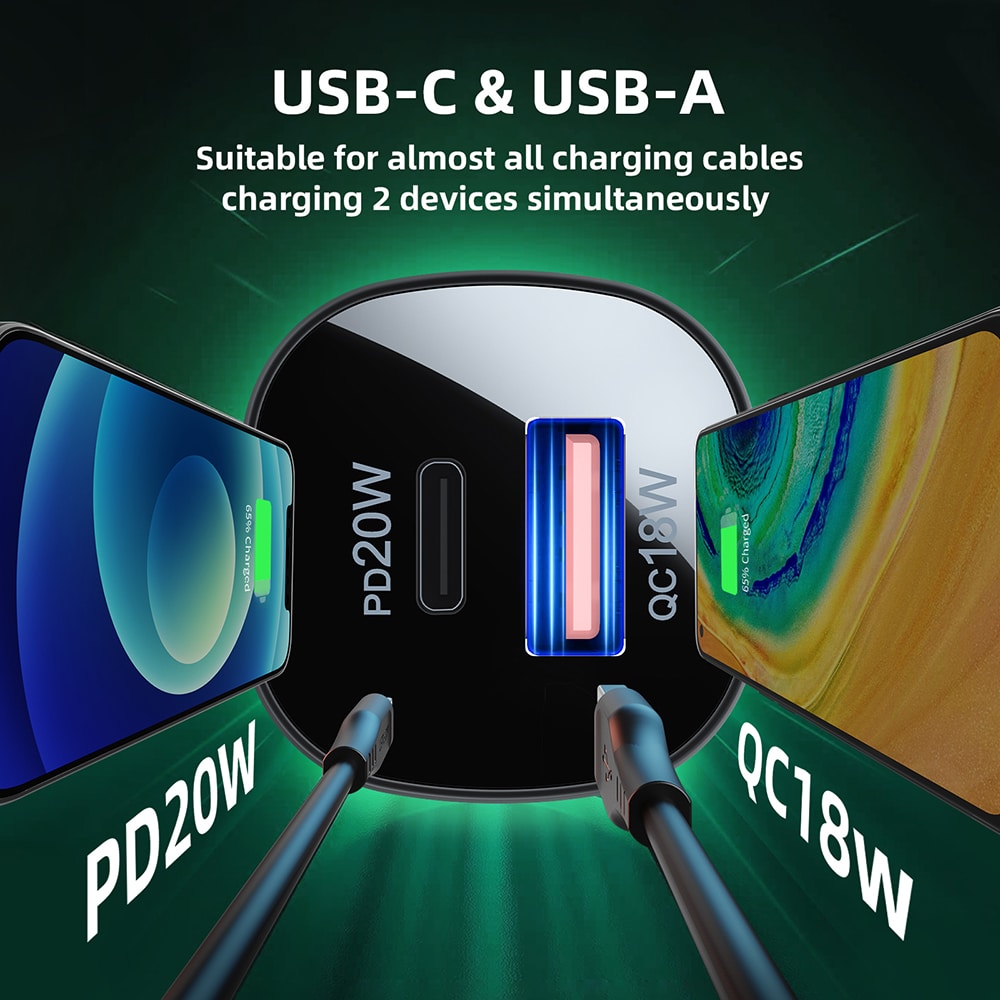Acefast - Car Charger (b1) - Type-C, Usb, Dual-Port, 38w, Pd Fast Charging, With Led Light - Black - Image 5