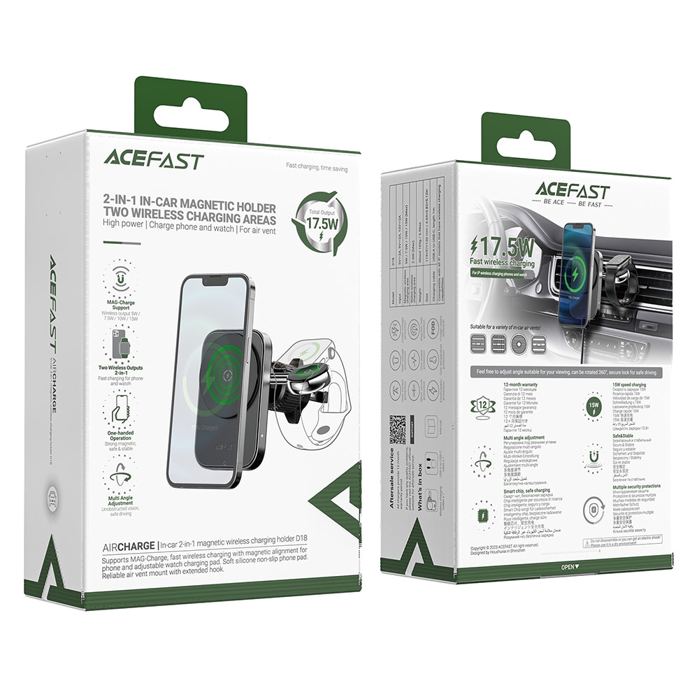 Acefast - Car Holder With Wireless Charging (d18) - For iPhone, 2in1 Wireless Fast Charging, For Air Vant, Lock Clip - Black - Image 7