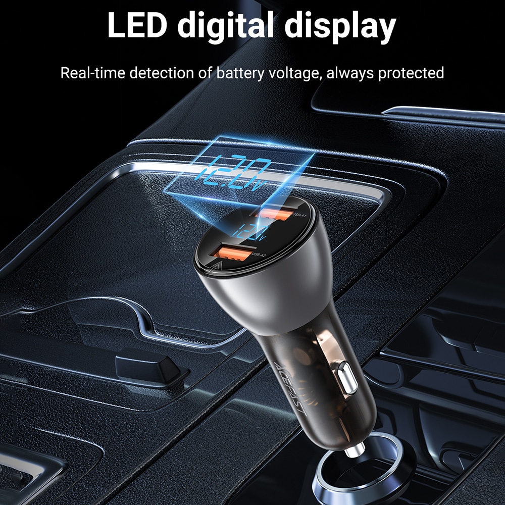 Acefast - Car Charger (b7) - 2x Usb, 45w, Dual Fast Charging, With Led Digital Display - Transparent Black - Image 5