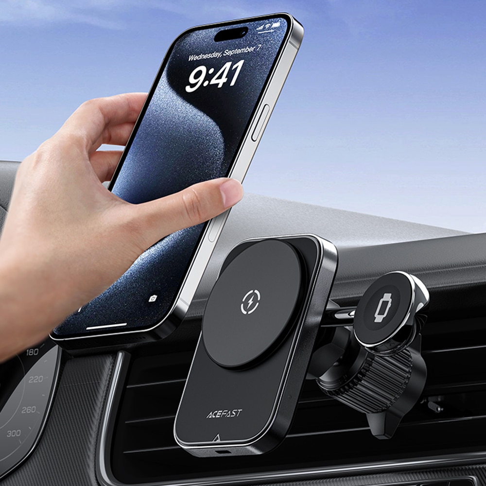 Acefast - Car Holder With Wireless Charging (d18) - For iPhone, 2in1 Wireless Fast Charging, For Air Vant, Lock Clip - Black - Image 5