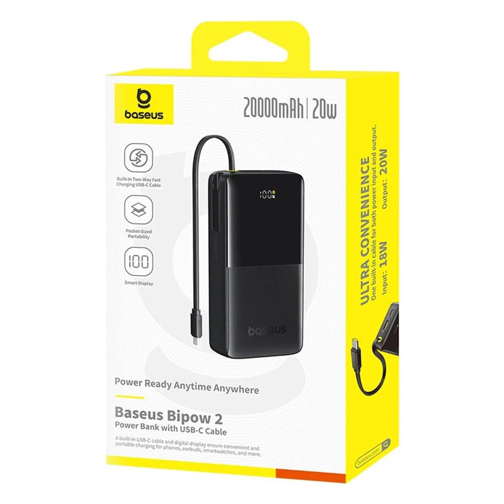 Baseus - Power Bank Bipow 2 (P10077101113-01) - με ενσωματωμένο καλώδιο USB-C, Type-C, USB, Έξυπνη οθόνη, 20000mAh, 20W - Μαύρο - Image 6