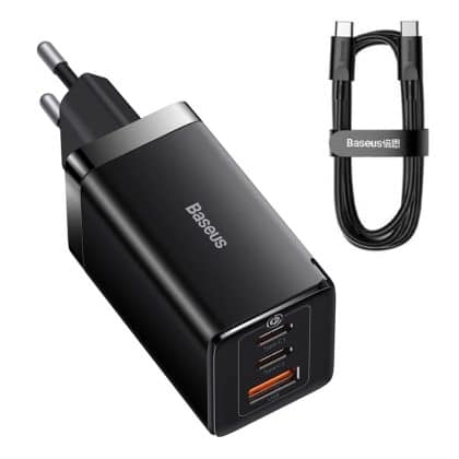 GaN 2xUSB C 1xUSB 65W fast charger Baseus GaN5 Pro + USB C - USB C 100W cable - Μαύρο