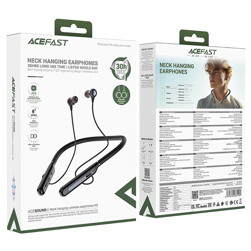 Acefast - Bluetooth Earphones (n5) - Behind The Head, Neckband, Bluetooth 5.4, Led Display, Ipx4, 200mah - Black - Image 7