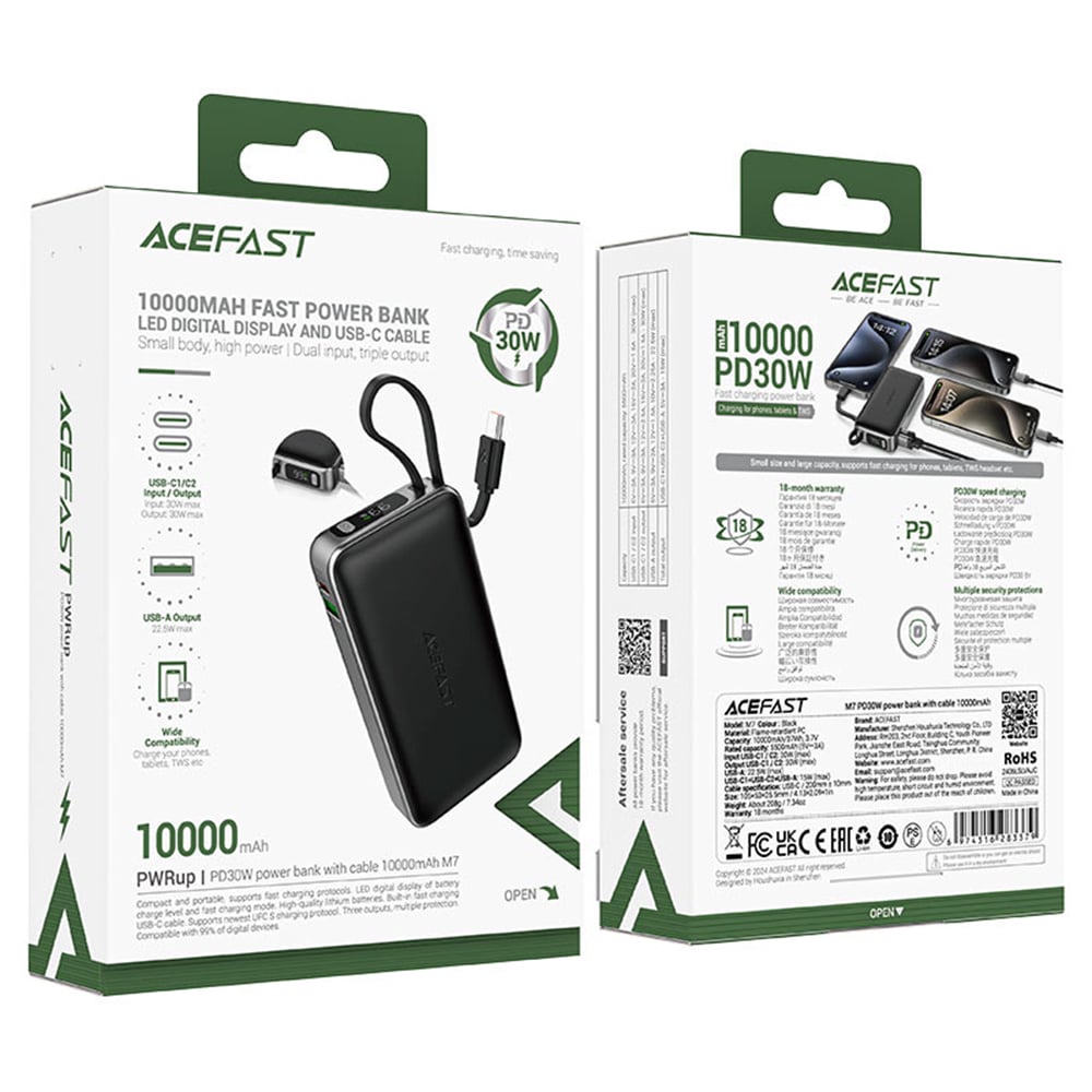 Acefast - Power Bank (m7-10000) - With Type-C Καλώδιο, Usb-C, Usb, 10000mah, 30w, Digital Display, Dirt-Resistant - Black - Image 6