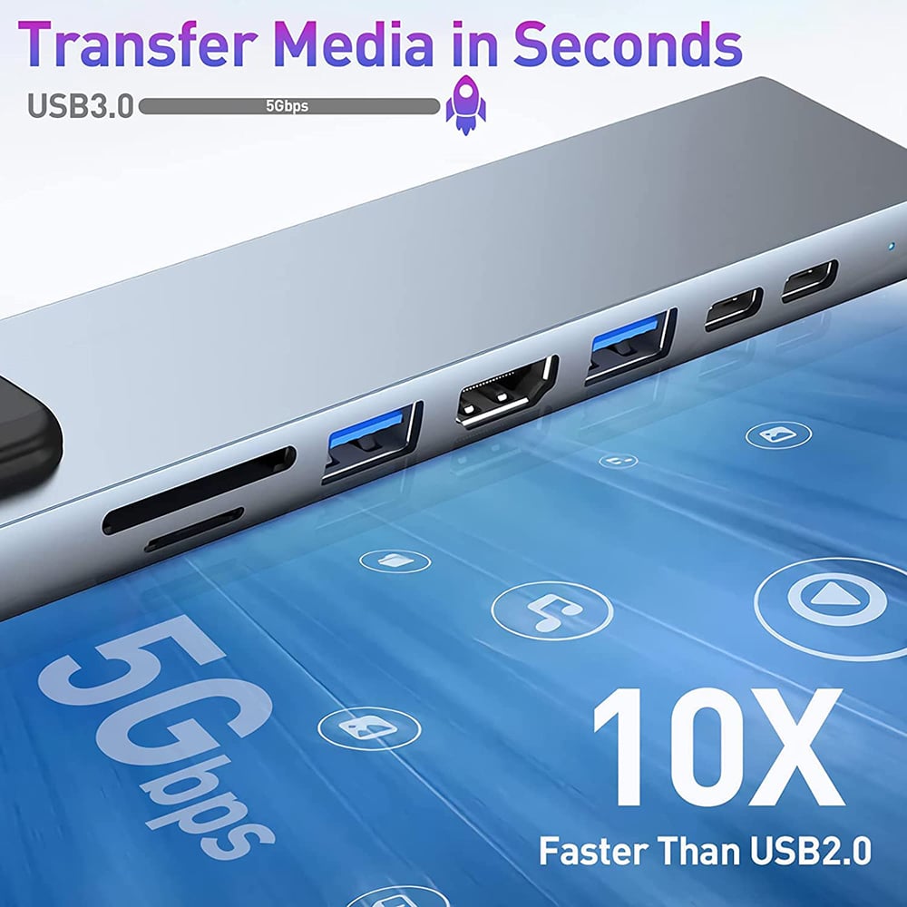 Techsuit - Σταθμός σύνδεσης NetBridge 8 σε 1 (H2) - Type-C σε 2x Type-C, 2x USB, HDMI, RJ45, TF/SD, 4K@30Hz, PD87W - Γκρι - Image 5