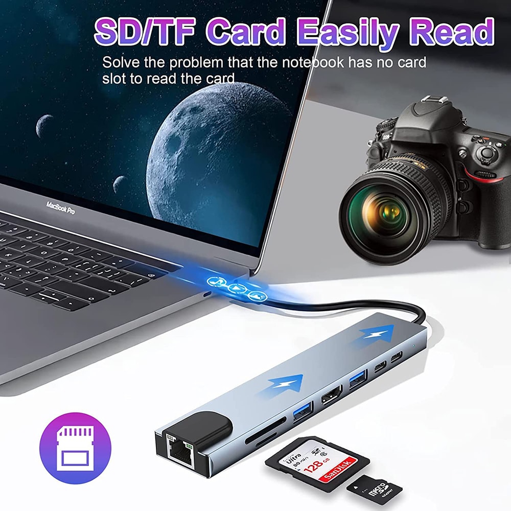 Techsuit - Σταθμός σύνδεσης NetBridge 8 σε 1 (H2) - Type-C σε 2x Type-C, 2x USB, HDMI, RJ45, TF/SD, 4K@30Hz, PD87W - Γκρι - Image 3