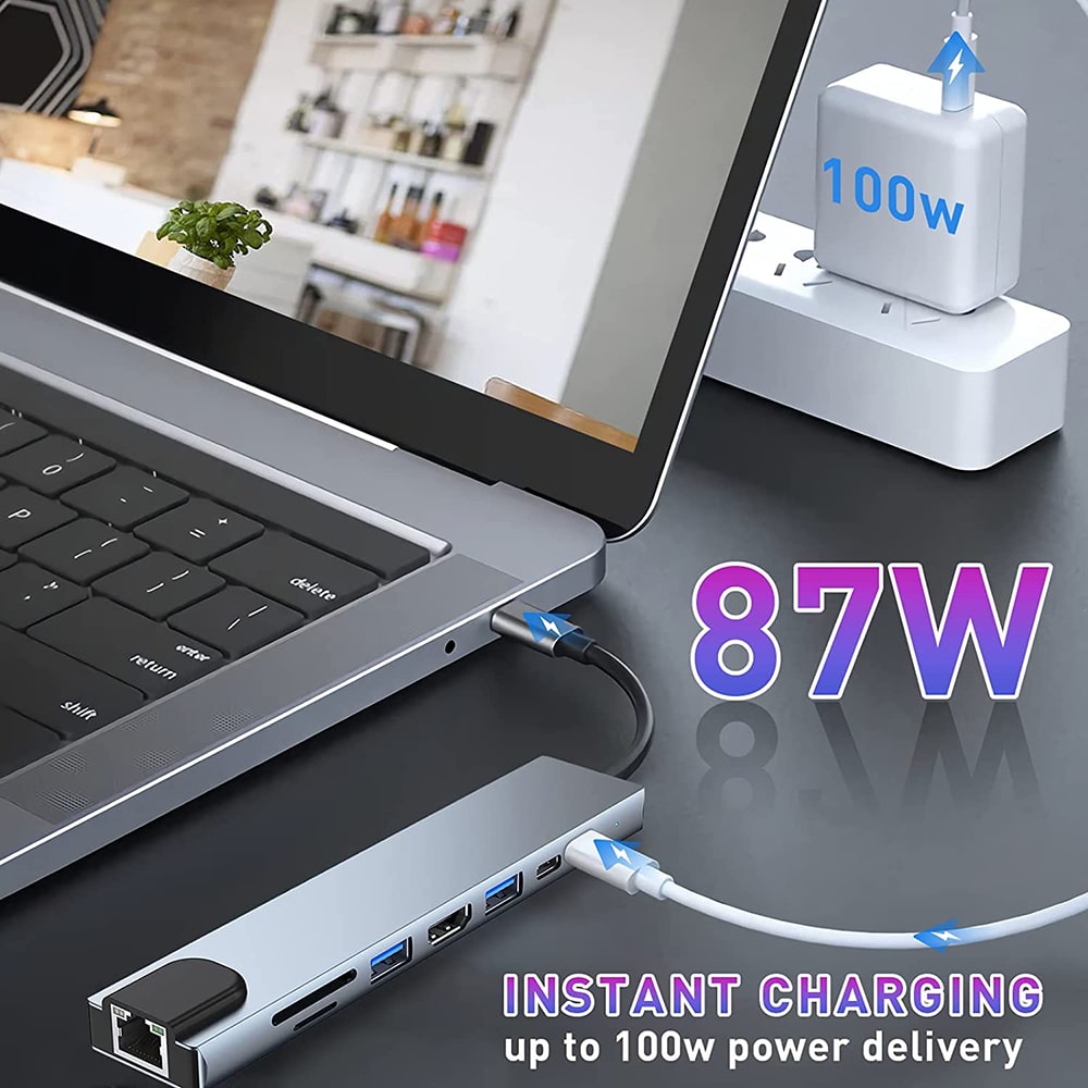 Techsuit - Σταθμός σύνδεσης NetBridge 8 σε 1 (H2) - Type-C σε 2x Type-C, 2x USB, HDMI, RJ45, TF/SD, 4K@30Hz, PD87W - Γκρι - Image 4