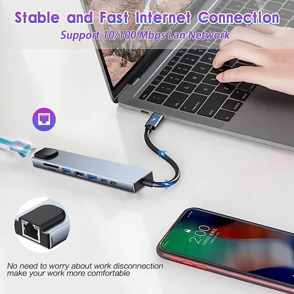 Techsuit - Σταθμός σύνδεσης NetBridge 8 σε 1 (H2) - Type-C σε 2x Type-C, 2x USB, HDMI, RJ45, TF/SD, 4K@30Hz, PD87W - Γκρι - Image 7