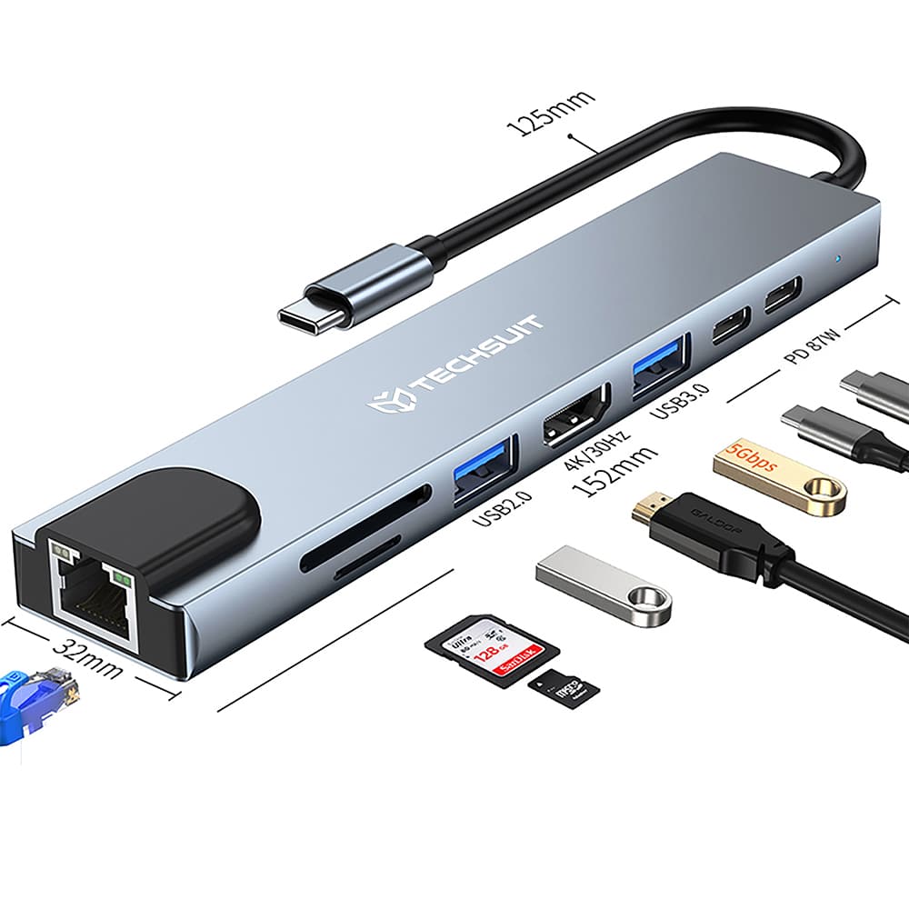 Techsuit - Σταθμός σύνδεσης NetBridge 8 σε 1 (H2) - Type-C σε 2x Type-C, 2x USB, HDMI, RJ45, TF/SD, 4K@30Hz, PD87W - Γκρι - Image 2