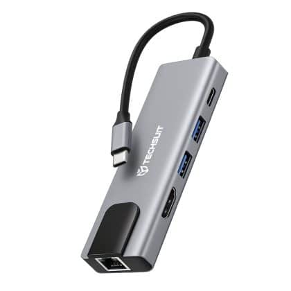 Techsuit - Σταθμός σύνδεσης NetBridge 5 σε 1 (H1) - Τύπου-C σε 1x USB2.0, 1x USB3.0, 1x Τύπου-C, 1x HDMI, 1x RJ45, PD87W, 4K@30Hz - Γκρι