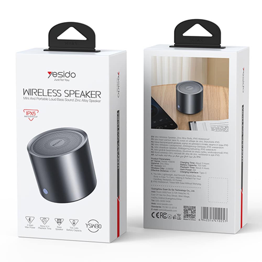 Yesido - Ασύρματο Ηχείο (ysw30) - Bluetooth 5.0, Διαφράγμα Μπάσου, Υπερ Μικρό Μέγεθος, Ipx5 Αδιάβροχο, Type-C, 700mah - Μαύρο - Image 7