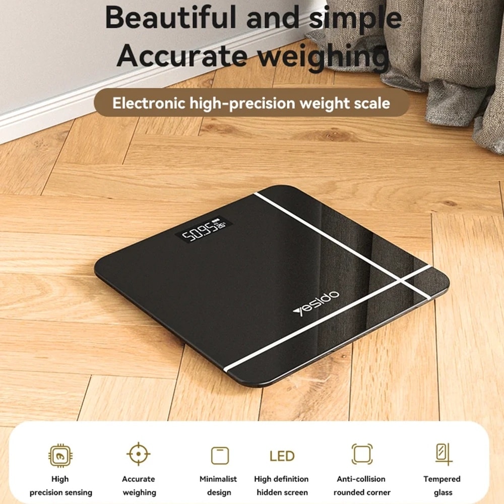 Yesido - Digital Scale Body Weight (mg09) - Led Display, Tempered Glass, 5-150kg - Black - Image 8