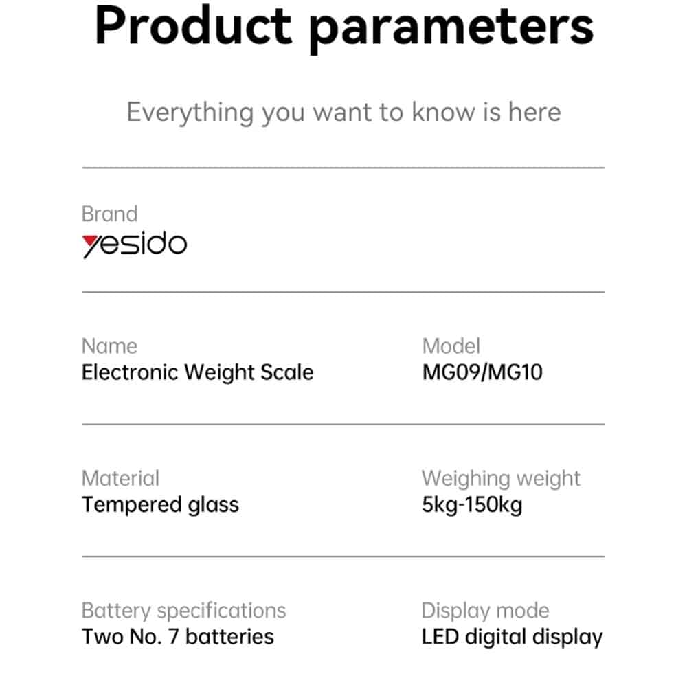Yesido - Digital Scale Body Weight (mg09) - Led Display, Tempered Glass, 5-150kg - Black - Image 11