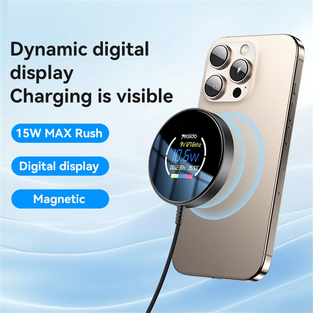 Yesido - Wireless Charging Station (ds28) - Magnetic Grip, Digital Display, Fast Charging, 15w, Type-C Καλώδιο, 1.2m - Black - Image 2