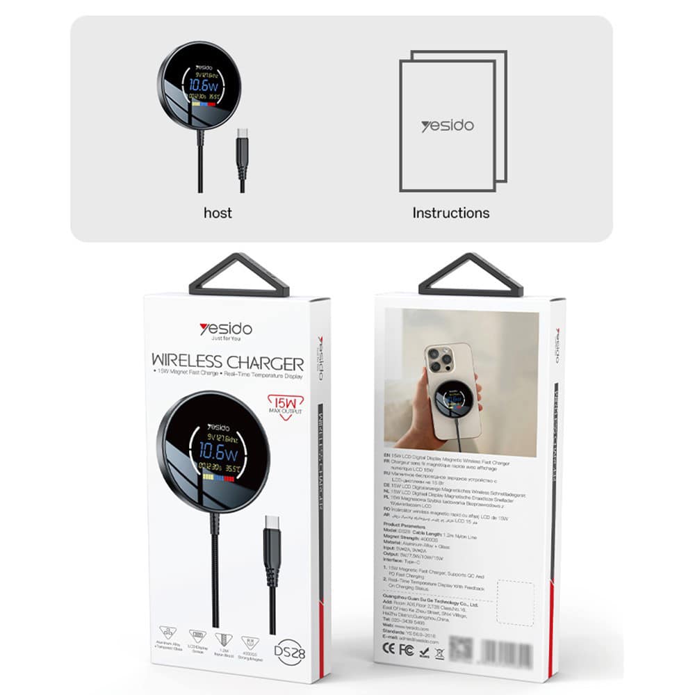 Yesido - Wireless Charging Station (ds28) - Magnetic Grip, Digital Display, Fast Charging, 15w, Type-C Καλώδιο, 1.2m - Black - Image 11