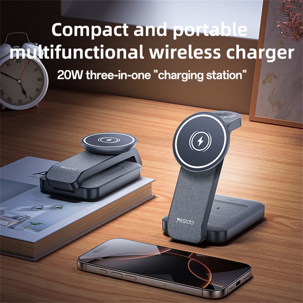 Yesido - Wireless Charging Station (ds26) - Magnetic, For Phone, Watch, Earbuds, Foldable, Stand, Night Light, 15w - Grey - Image 3