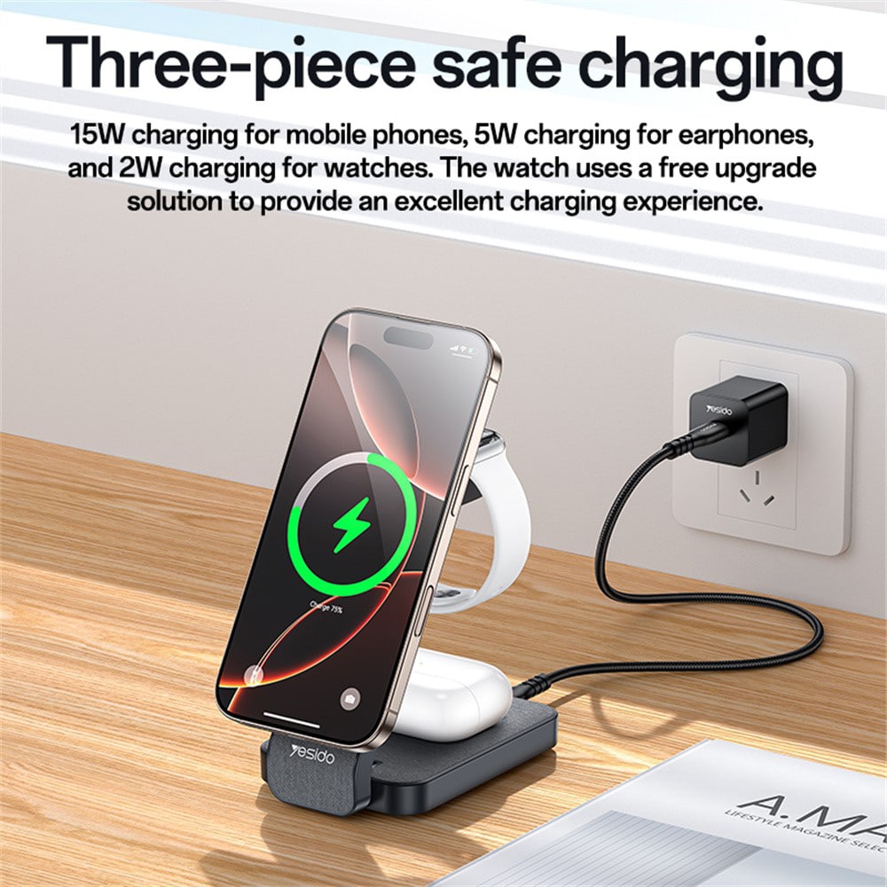 Yesido - Wireless Charging Station (ds26) - Magnetic, For Phone, Watch, Earbuds, Foldable, Stand, Night Light, 15w - Grey - Image 5