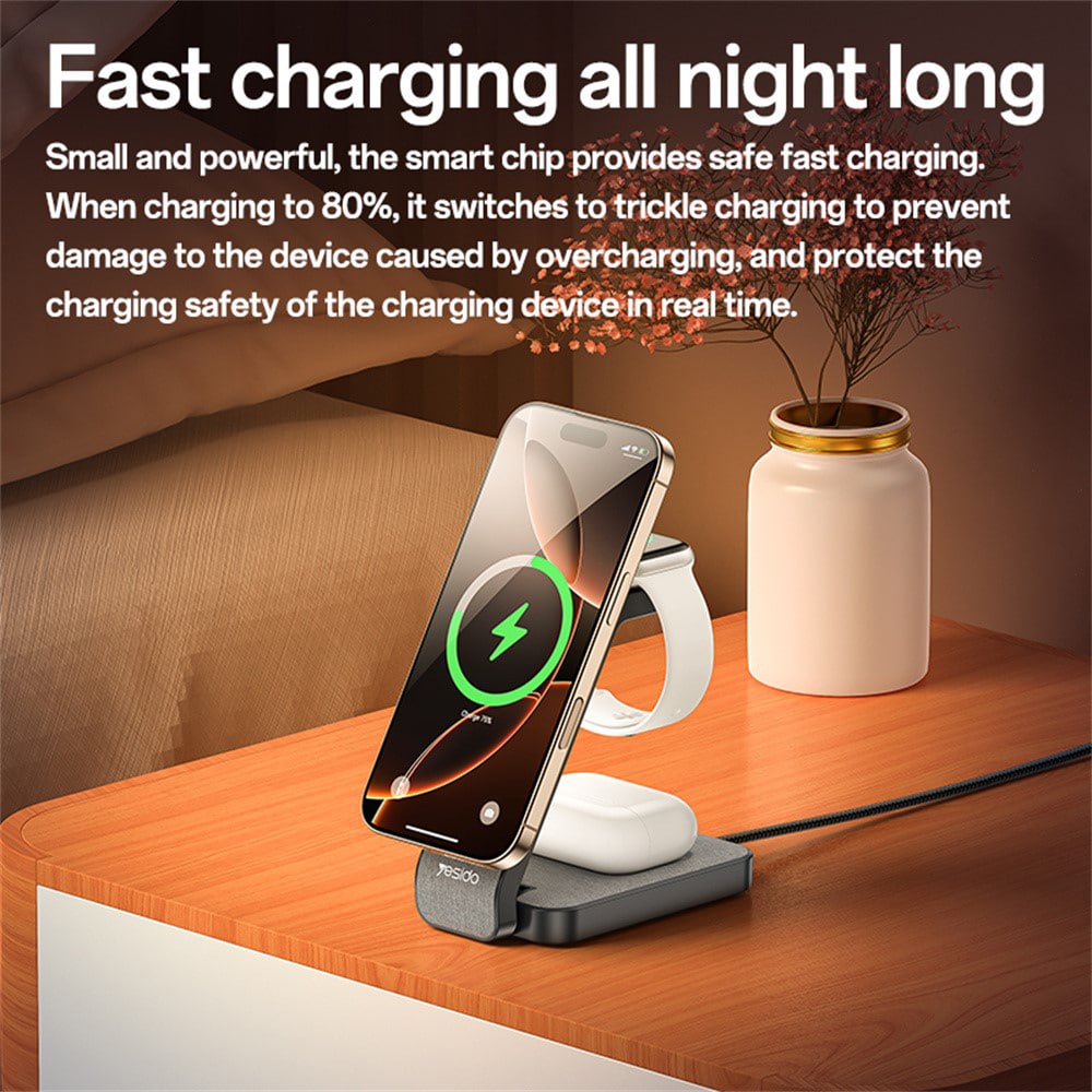 Yesido - Wireless Charging Station (ds26) - Magnetic, For Phone, Watch, Earbuds, Foldable, Stand, Night Light, 15w - Grey - Image 6