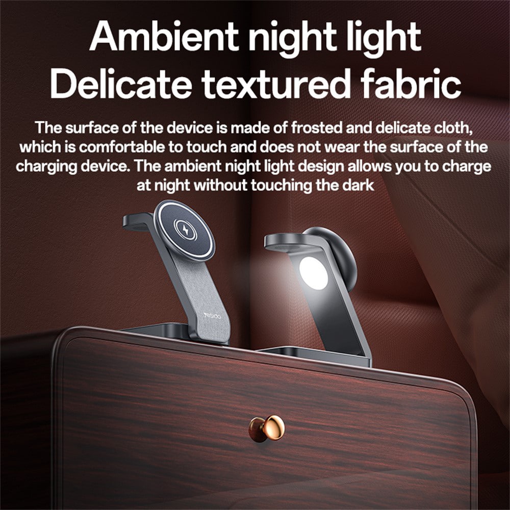 Yesido - Wireless Charging Station (ds26) - Magnetic, For Phone, Watch, Earbuds, Foldable, Stand, Night Light, 15w - Grey - Image 4
